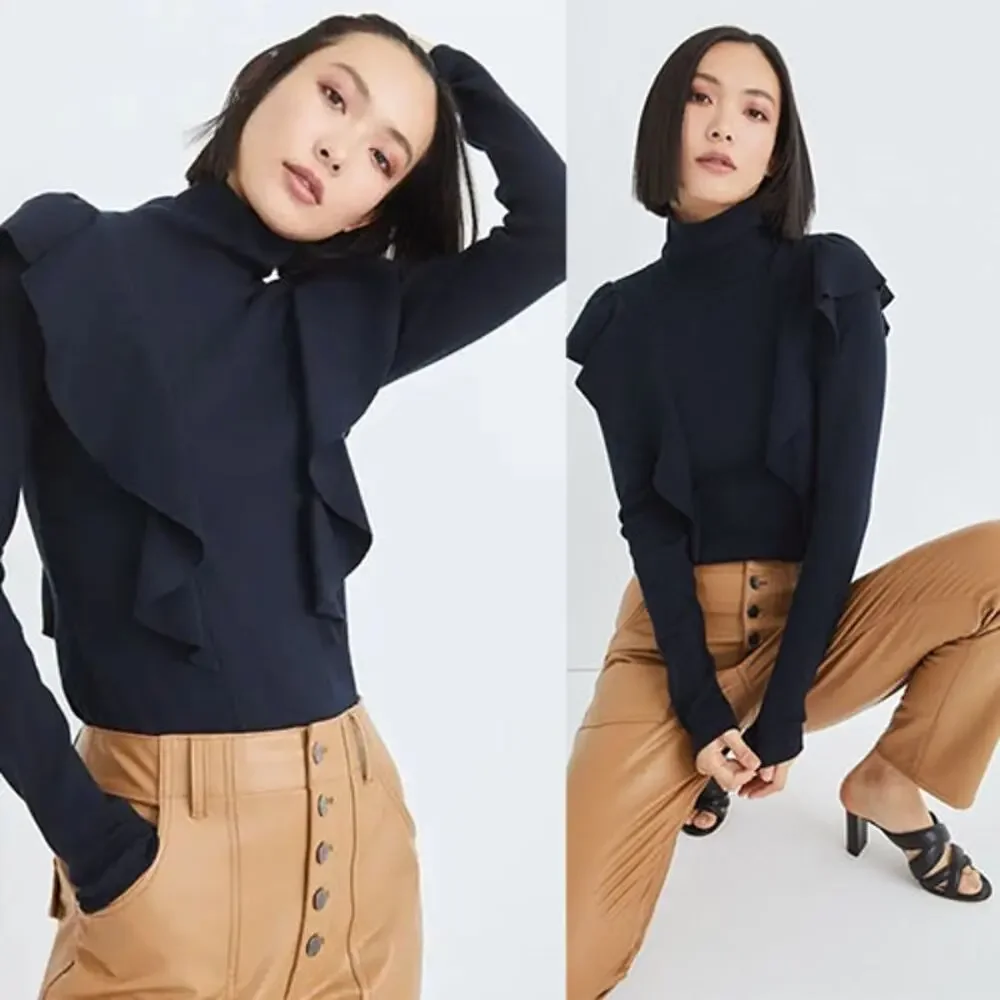 NEW Veronica Beard Freida Ruffles Turtle Neck Ribbed Long Sleeve Top Navy Blue - Picture 7 of 7